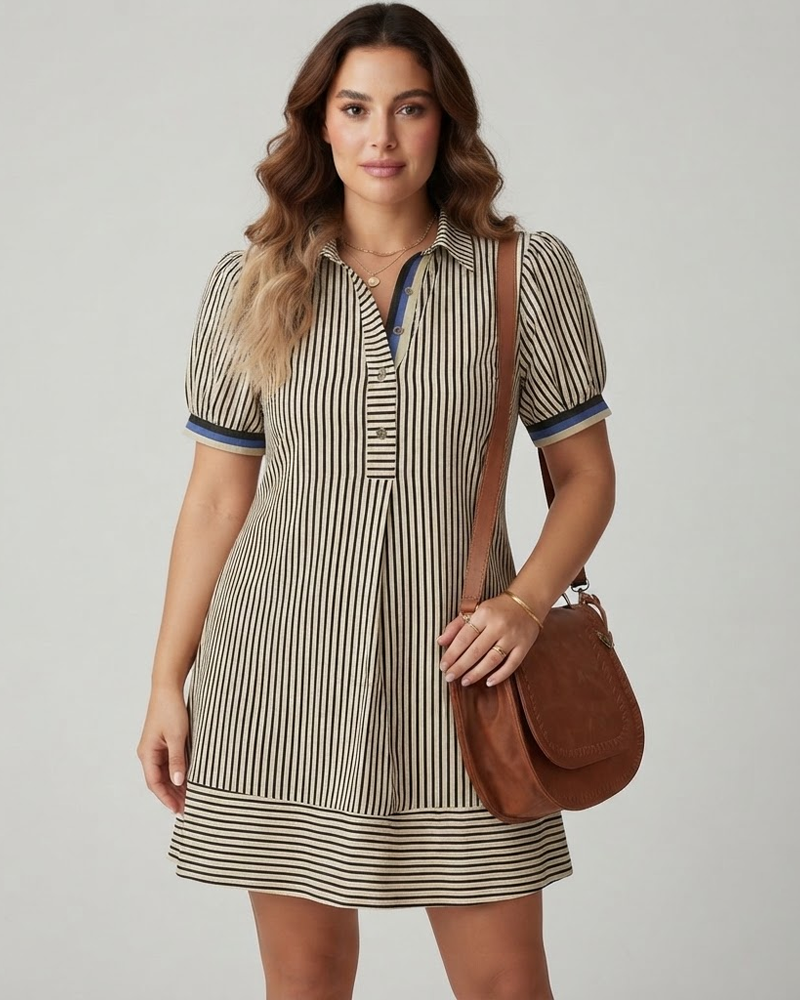 Striped Puff Short Sleeve Loose Casual Button‑Down Collar Dress