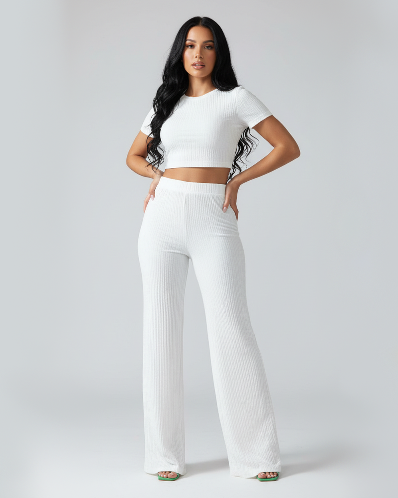 Stretchy Solid Color Short Sleeve Top & High Waist Wide Leg Pants Set