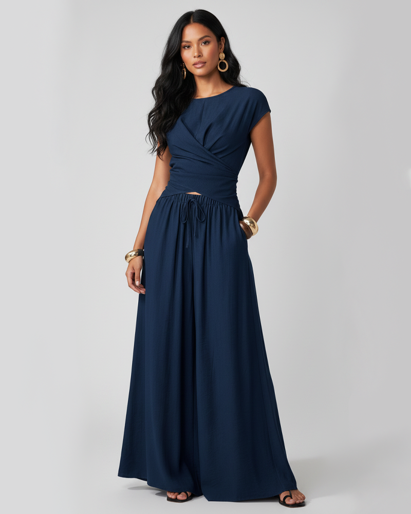 French Style Surplice Cut‑Out Top & Loose Wide‑Leg Pants Two‑Piece Set