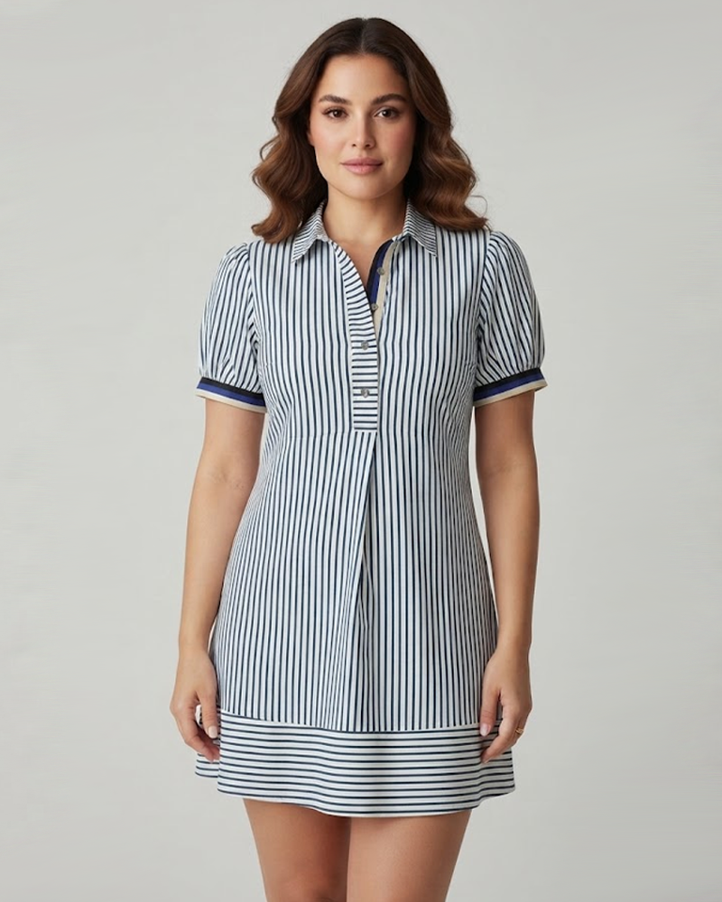 Striped Puff Short Sleeve Loose Casual Button‑Down Collar Dress