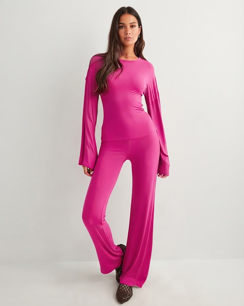 Solid Color Fitted Crew Neck Flare Sleeve Top & Elastic Waist Straight Pants Loungewear 2 Piece Set