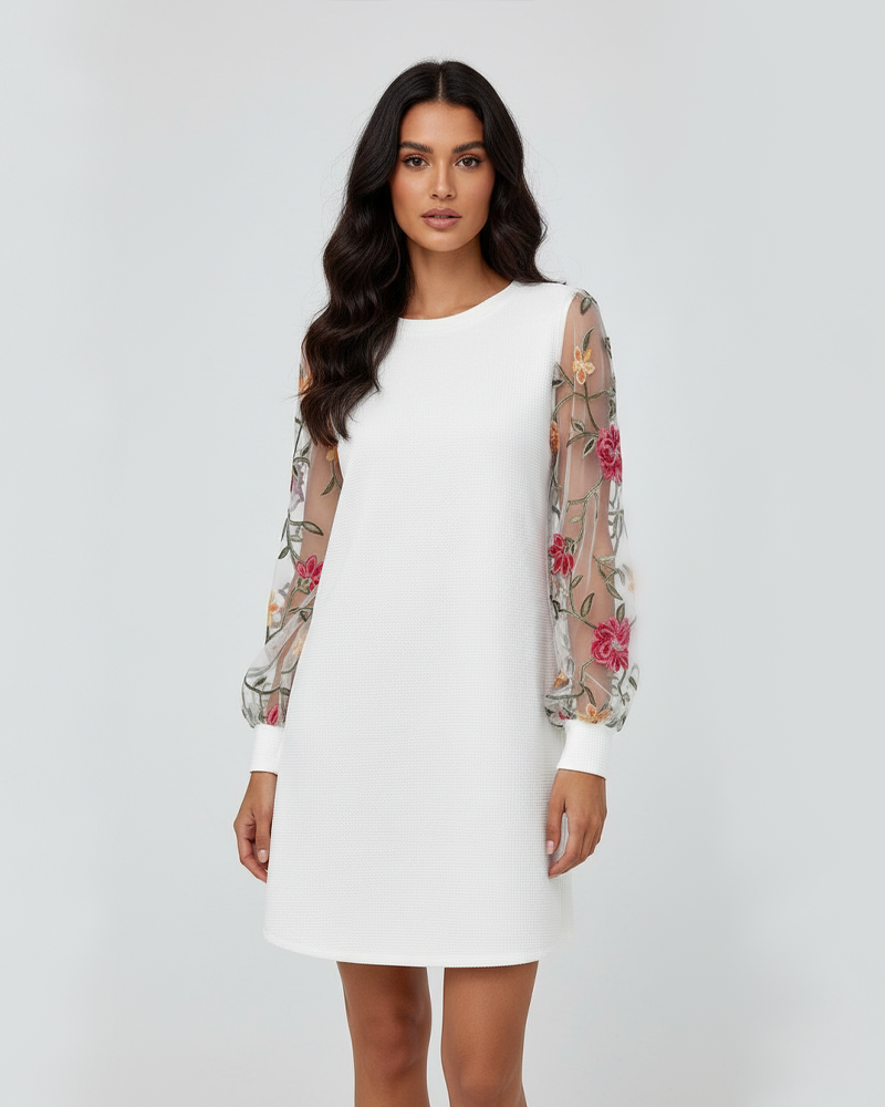 Women Floral Embroidery Mesh Lantern Sleeve Dress