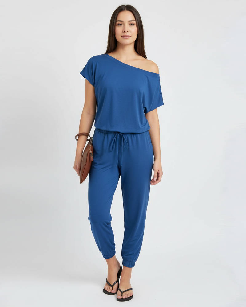 Off‑Shoulder Elastic Waistband Loose Comfort Casual Jumpsuit