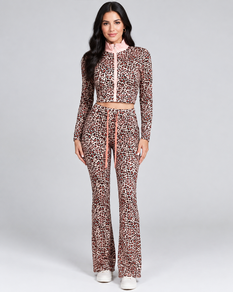 Stretch Leopard Print Long Sleeve Zip Cropped Jacket & High Waist Flare Pants Set