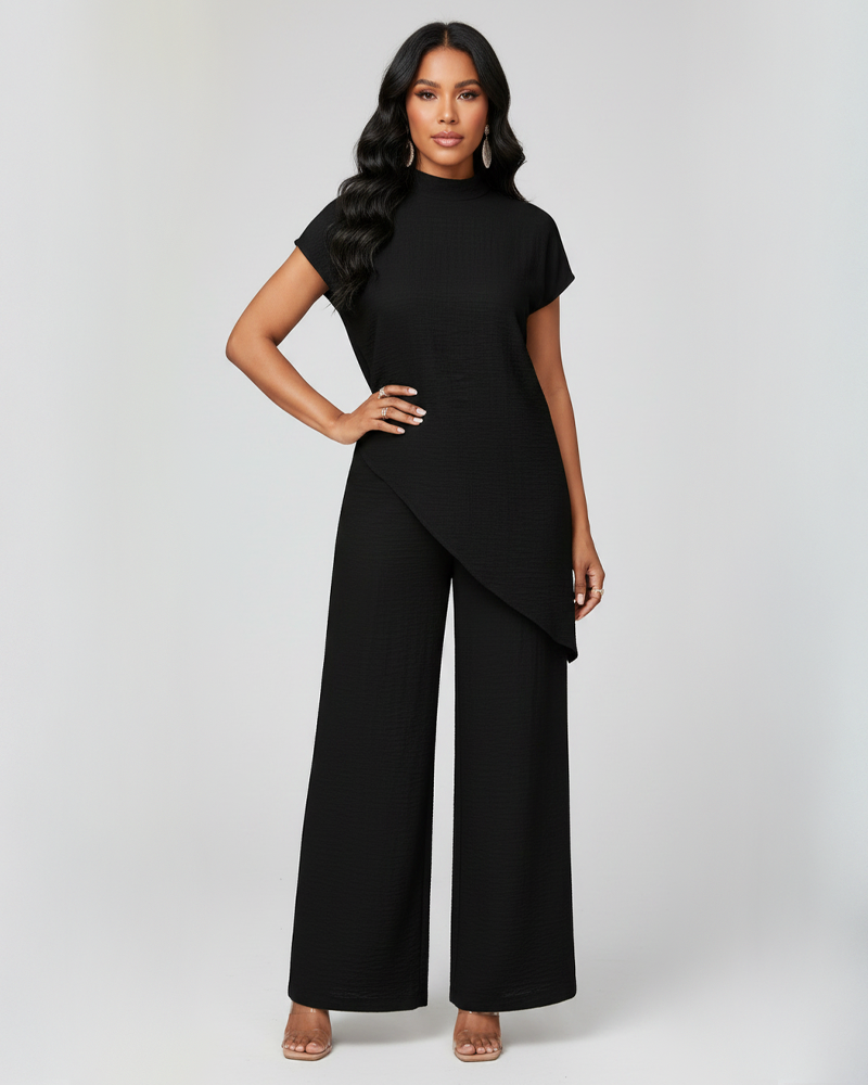 Solid Color Stand‑Collar Asymmetrical Top & High‑Waist Wide‑Leg Pants Set