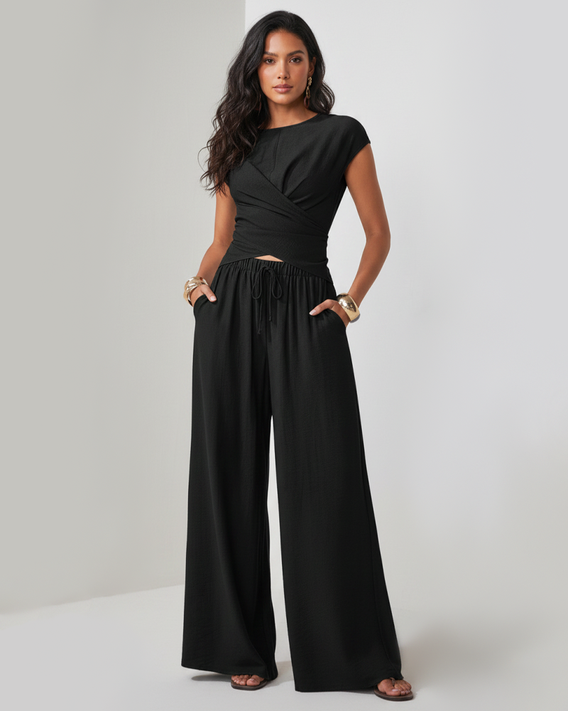 French Style Surplice Cut‑Out Top & Loose Wide‑Leg Pants Two‑Piece Set