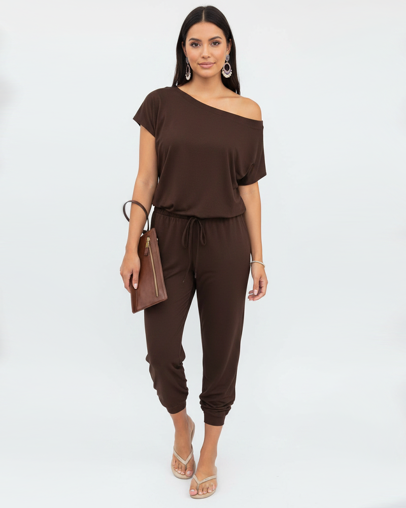 Off‑Shoulder Elastic Waistband Loose Comfort Casual Jumpsuit