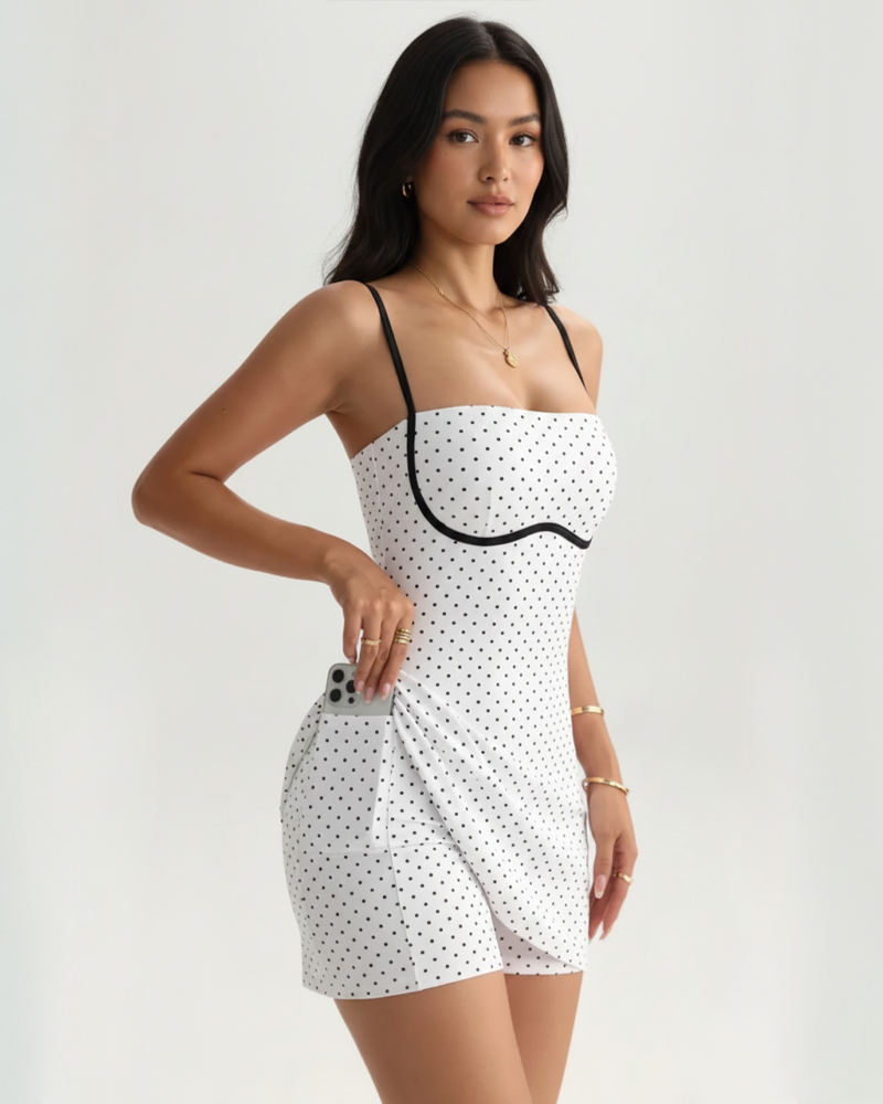 Polka Dot Cami Tennis Dress with Built‑in Shorts & Padded Cups