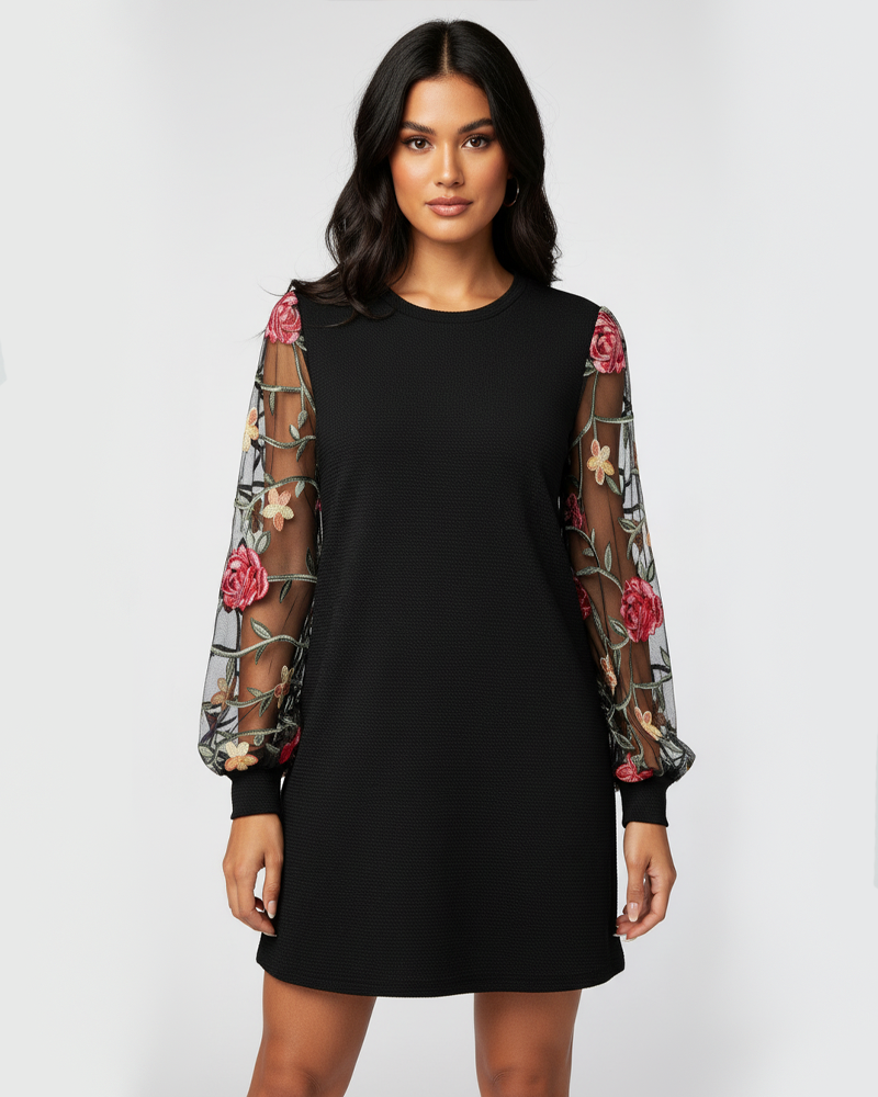 Women Floral Embroidery Mesh Lantern Sleeve Dress