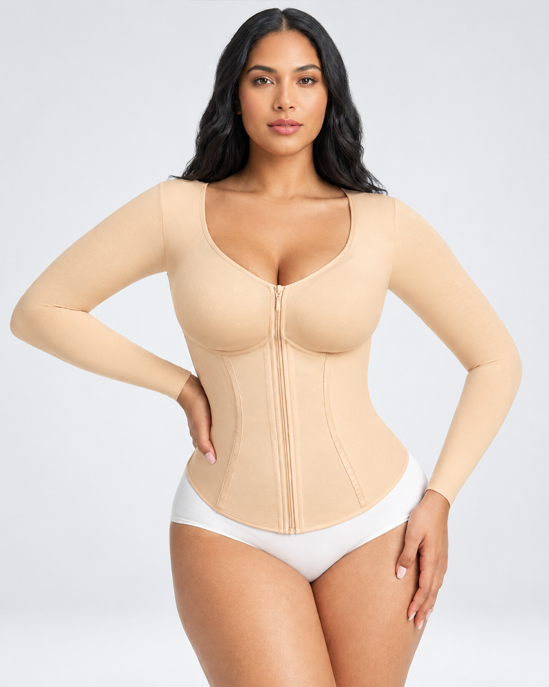 Long Sleeve Front Zipper Tummy Control Shapewear Top（Pre-Sale）