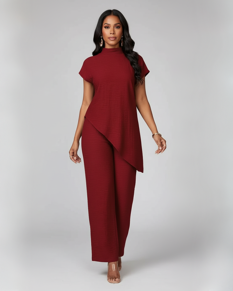 Solid Color Stand‑Collar Asymmetrical Top & High‑Waist Wide‑Leg Pants Set
