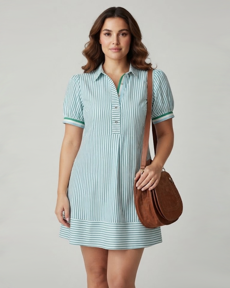 Striped Puff Short Sleeve Loose Casual Button‑Down Collar Dress