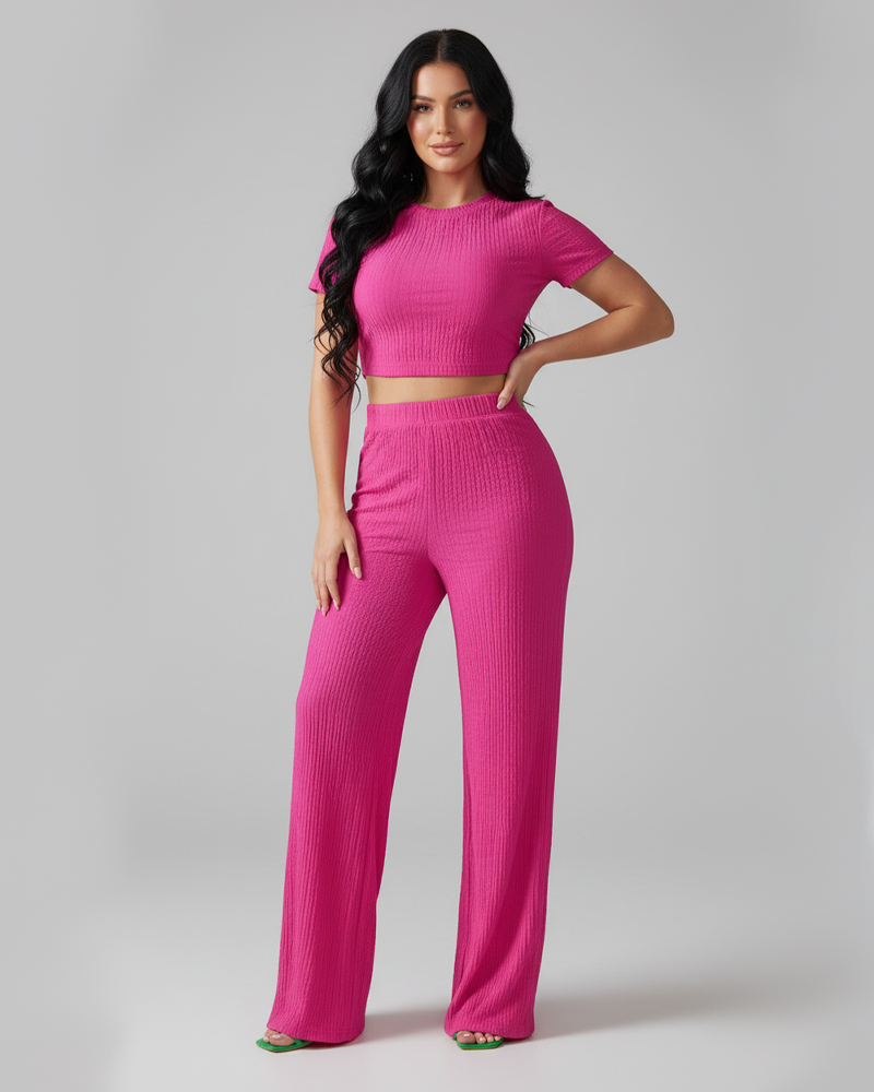 Stretchy Solid Color Short Sleeve Top & High Waist Wide Leg Pants Set