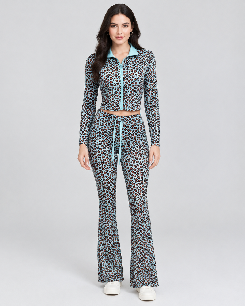 Stretch Leopard Print Long Sleeve Zip Cropped Jacket & High Waist Flare Pants Set