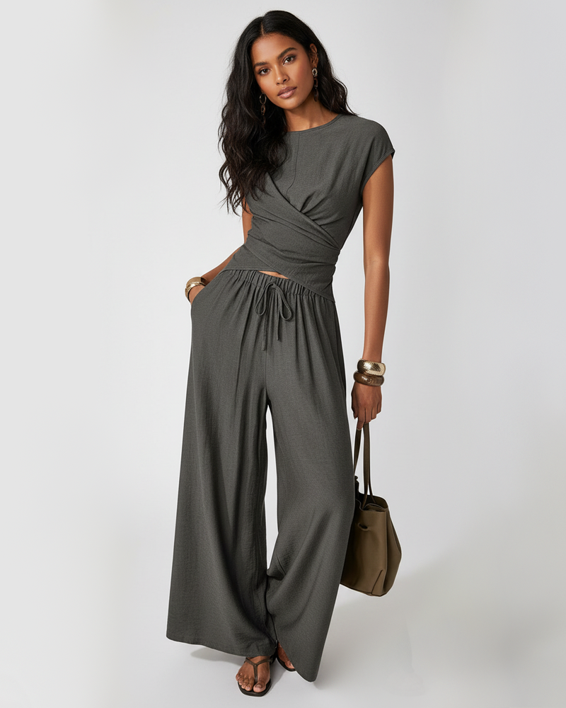 French Style Surplice Cut‑Out Top & Loose Wide‑Leg Pants Two‑Piece Set