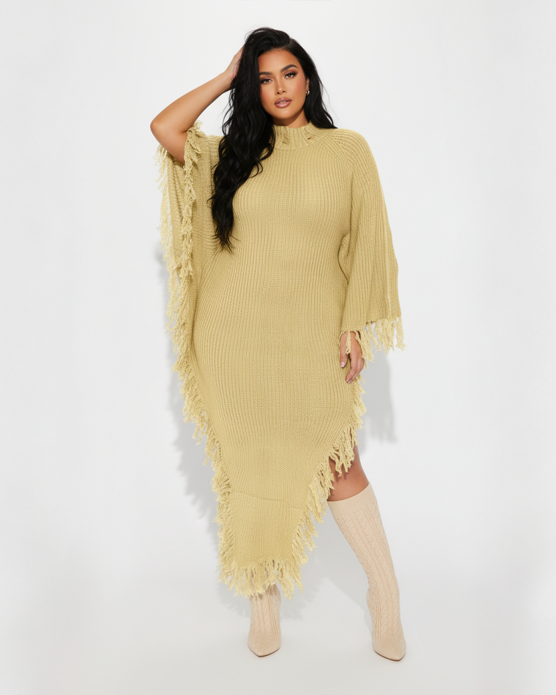 Fashion Casual Tassel High Neck Raglan Sleeve Irregular Knit Dress