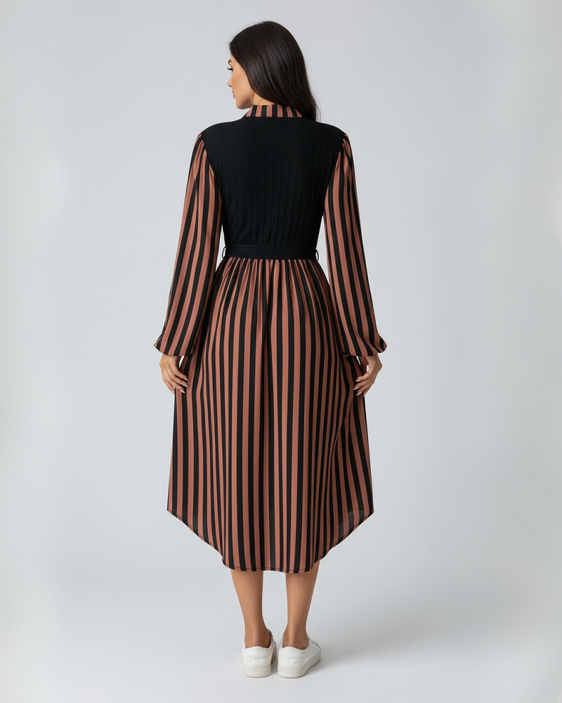 Women's Fitted Long Sleeve Striped Button Front Shirt Dress