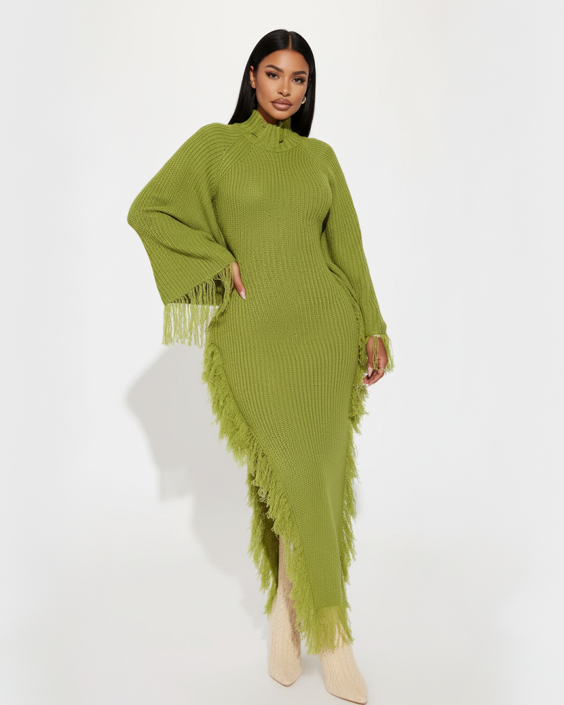 Fashion Casual Tassel High Neck Raglan Sleeve Irregular Knit Dress