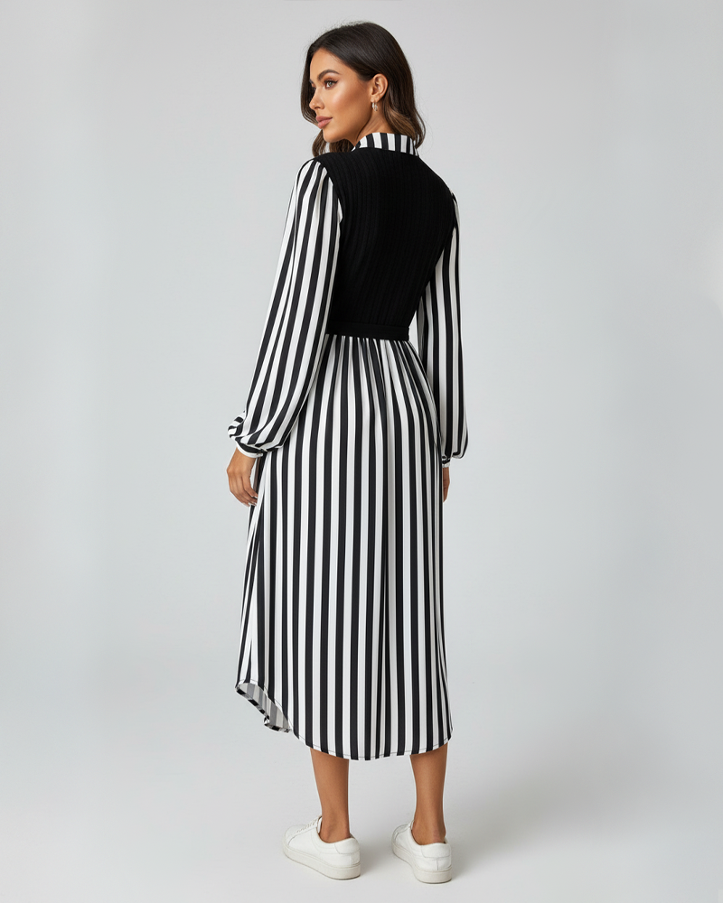 Women's Fitted Long Sleeve Striped Button Front Shirt Dress