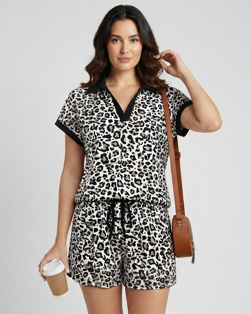 Fashion Casual Leopard Print Short‑Sleeve Top & Shorts Set