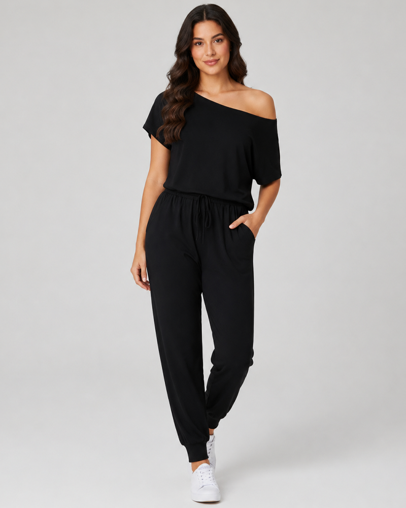 Off‑Shoulder Elastic Waistband Loose Comfort Casual Jumpsuit