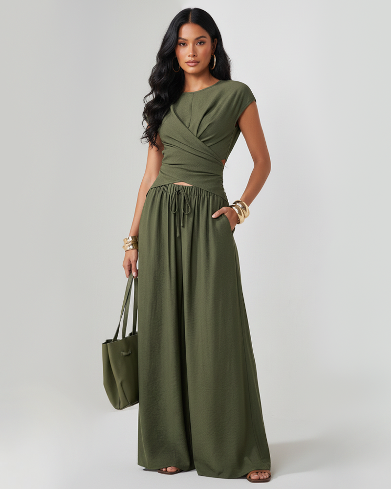 French Style Surplice Cut‑Out Top & Loose Wide‑Leg Pants Two‑Piece Set
