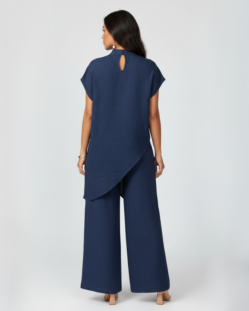 Solid Color Stand‑Collar Asymmetrical Top & High‑Waist Wide‑Leg Pants Set