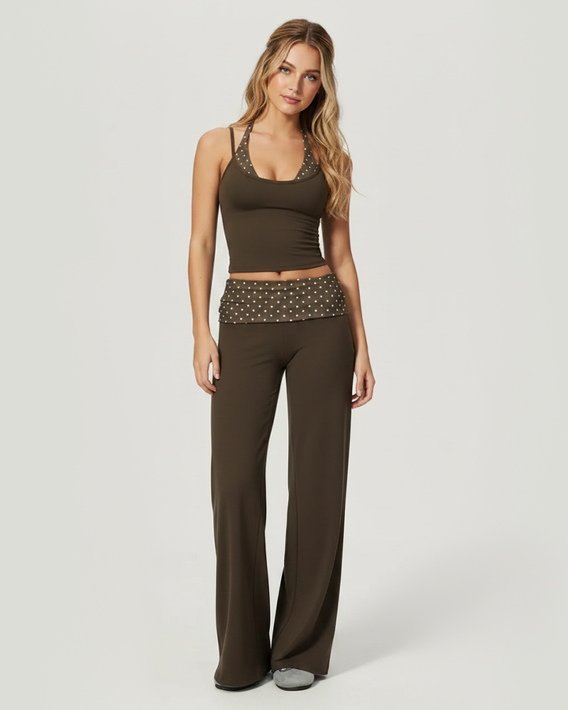 Back Cutout Yoga 2 Piece Set High Waist Ruched Wide Leg Pants