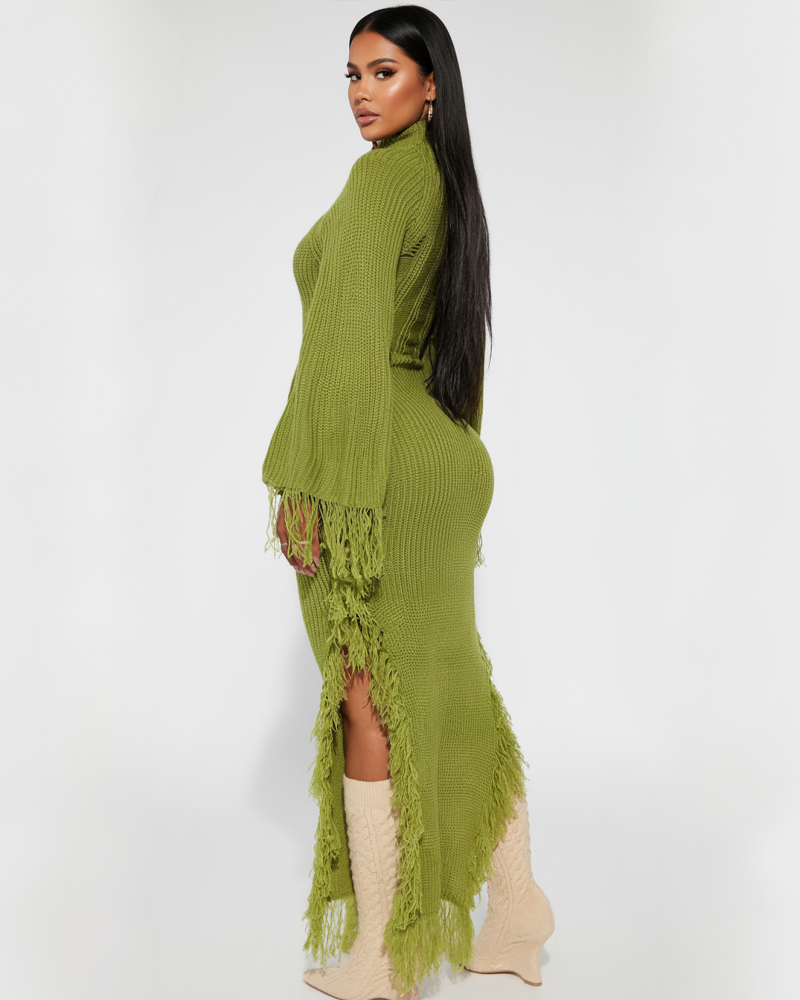 Fashion Casual Tassel High Neck Raglan Sleeve Irregular Knit Dress
