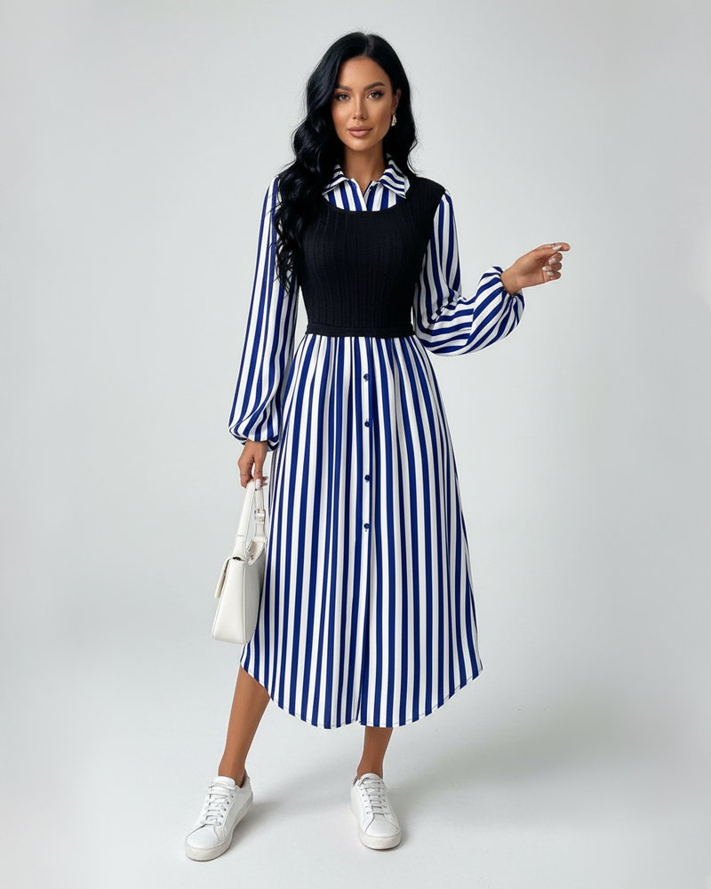 Women's Fitted Long Sleeve Striped Button Front Shirt Dress