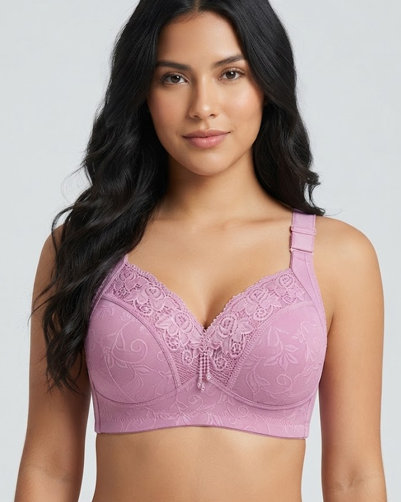 Women Lace Trim Wireless Bra Side Support Underarm Fat Control & Push Up
