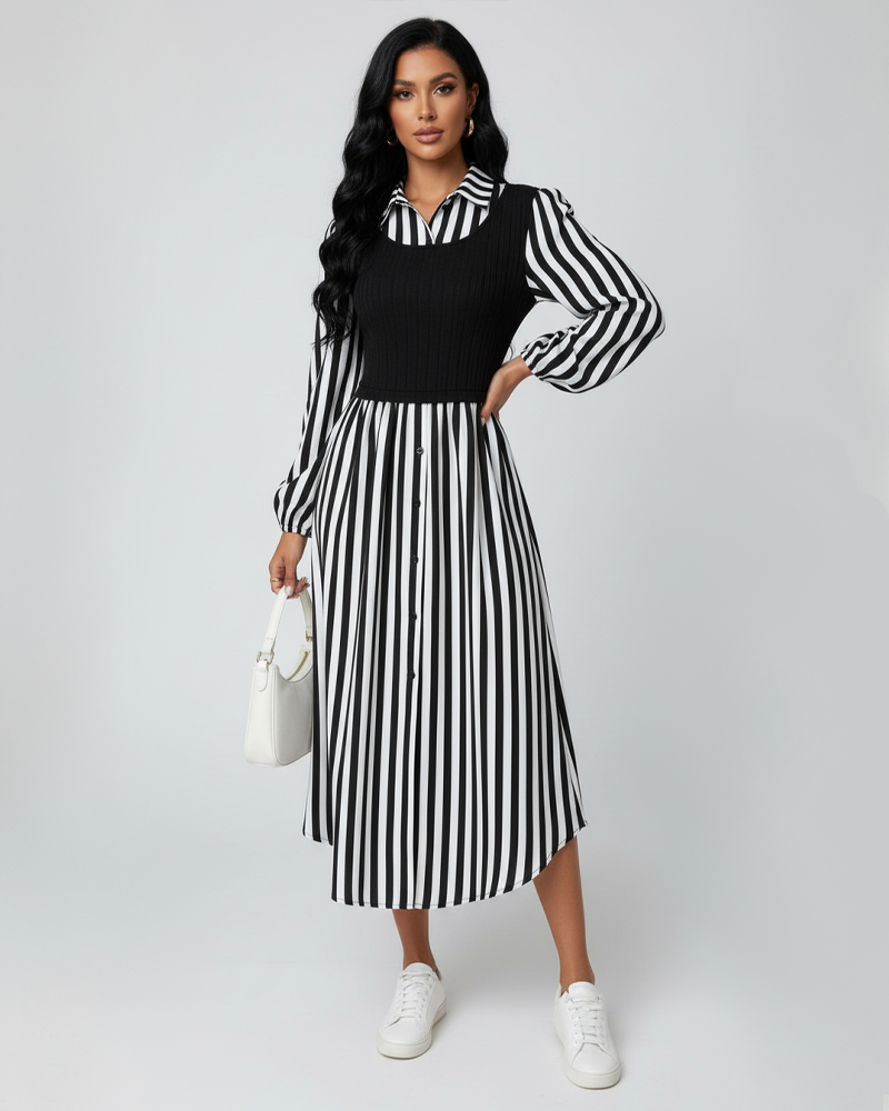 Women's Fitted Long Sleeve Striped Button Front Shirt Dress