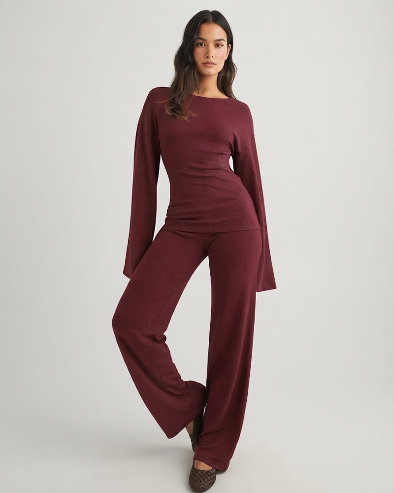 Solid Color Fitted Crew Neck Flare Sleeve Top & Elastic Waist Straight Pants Loungewear 2 Piece Set