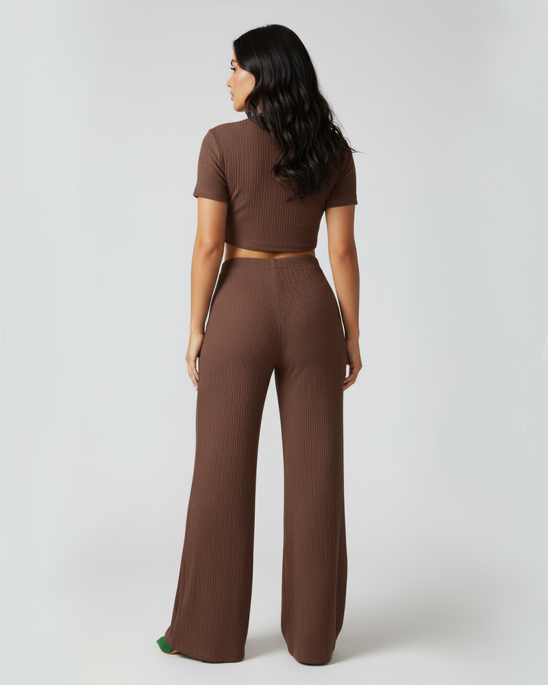 Stretchy Solid Color Short Sleeve Top & High Waist Wide Leg Pants Set
