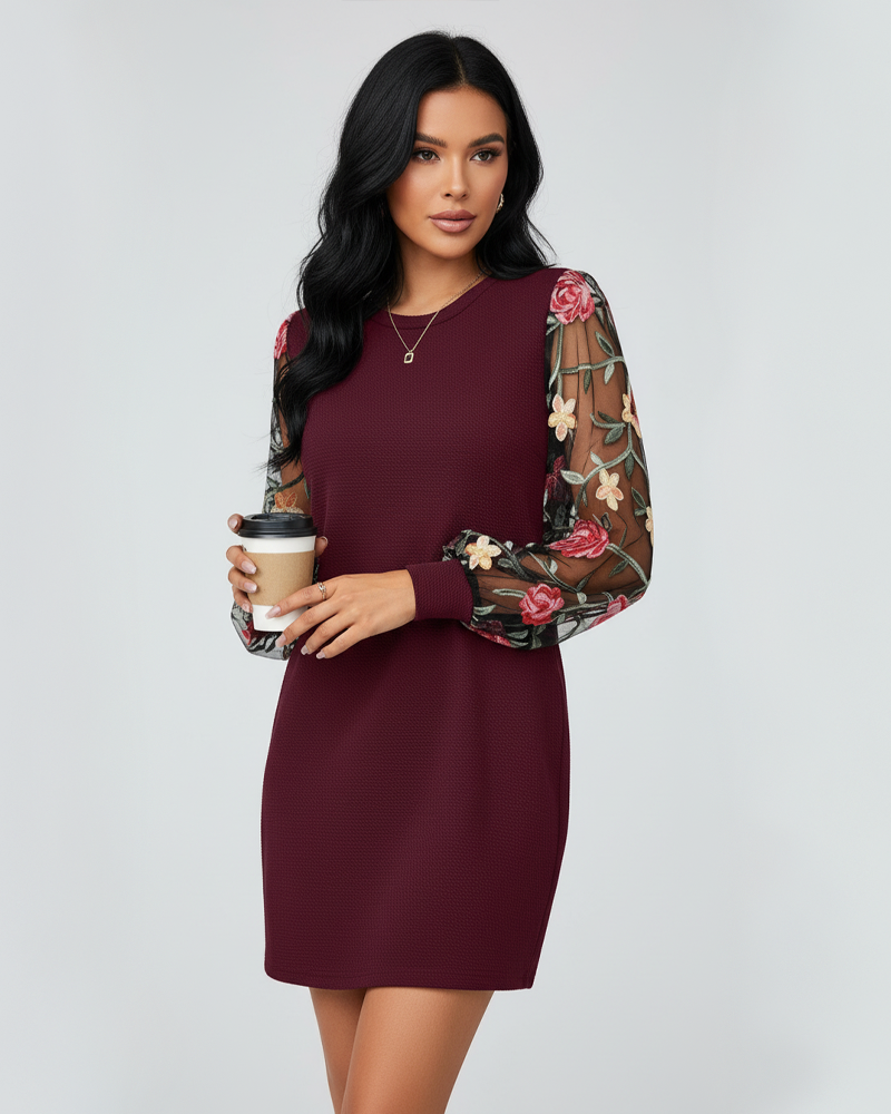 Women Floral Embroidery Mesh Lantern Sleeve Dress