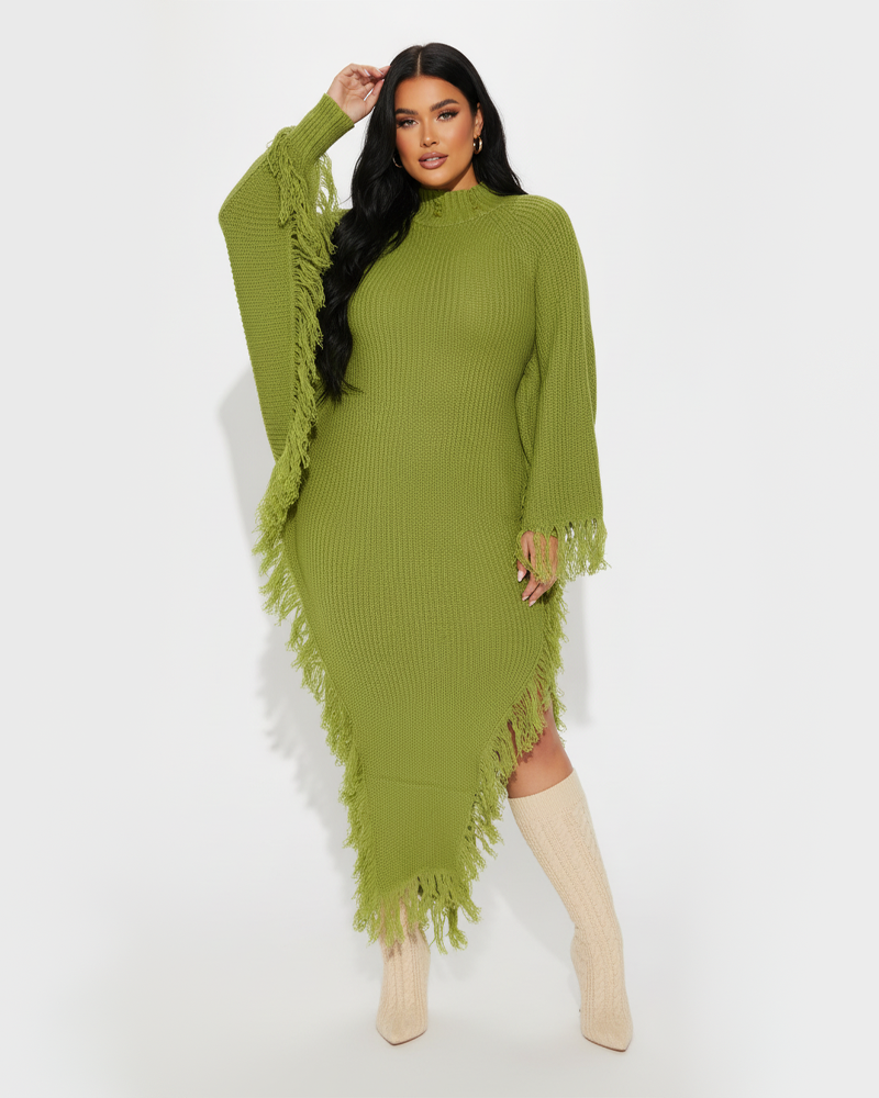 Fashion Casual Tassel High Neck Raglan Sleeve Irregular Knit Dress