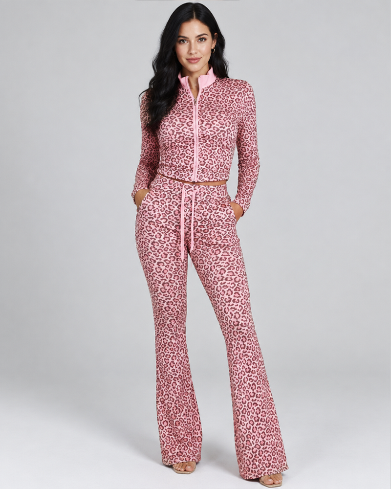 Stretch Leopard Print Long Sleeve Zip Cropped Jacket & High Waist Flare Pants Set