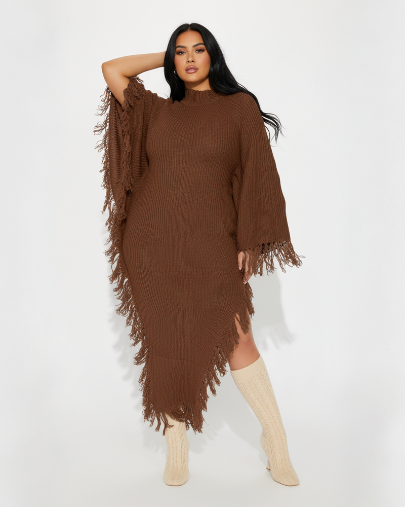 Fashion Casual Tassel High Neck Raglan Sleeve Irregular Knit Dress