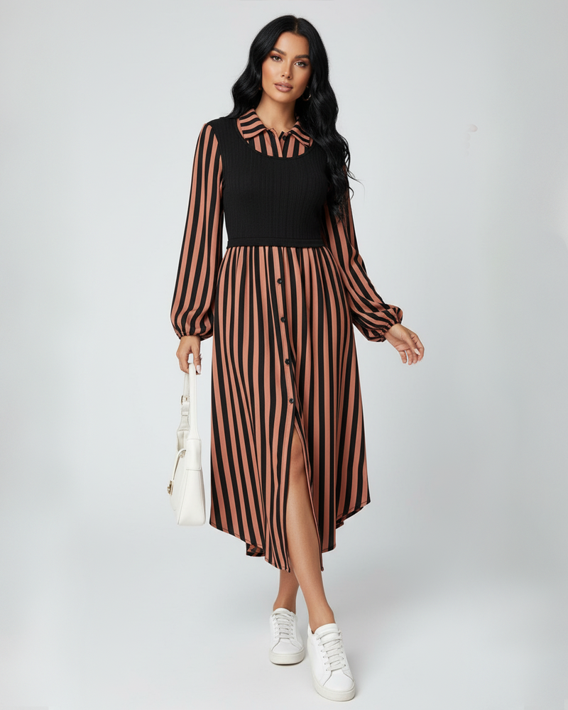 Women's Fitted Long Sleeve Striped Button Front Shirt Dress