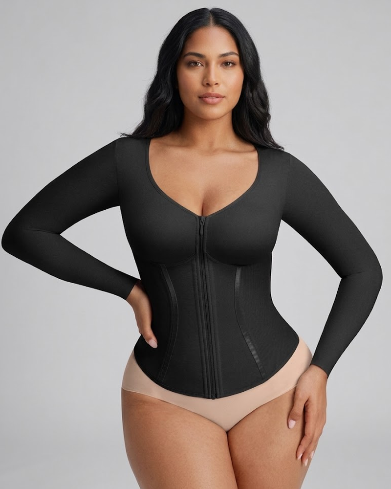 Long Sleeve Front Zipper Tummy Control Shapewear Top（Pre-Sale）