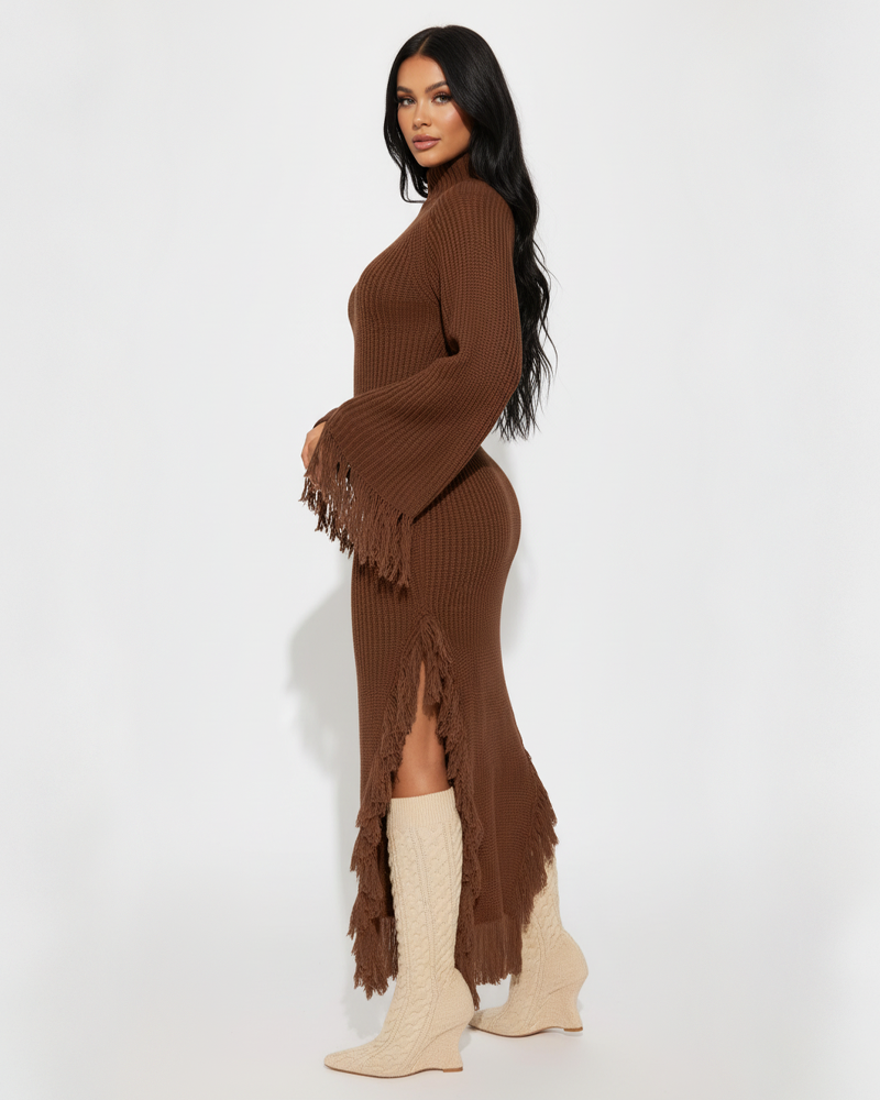 Fashion Casual Tassel High Neck Raglan Sleeve Irregular Knit Dress