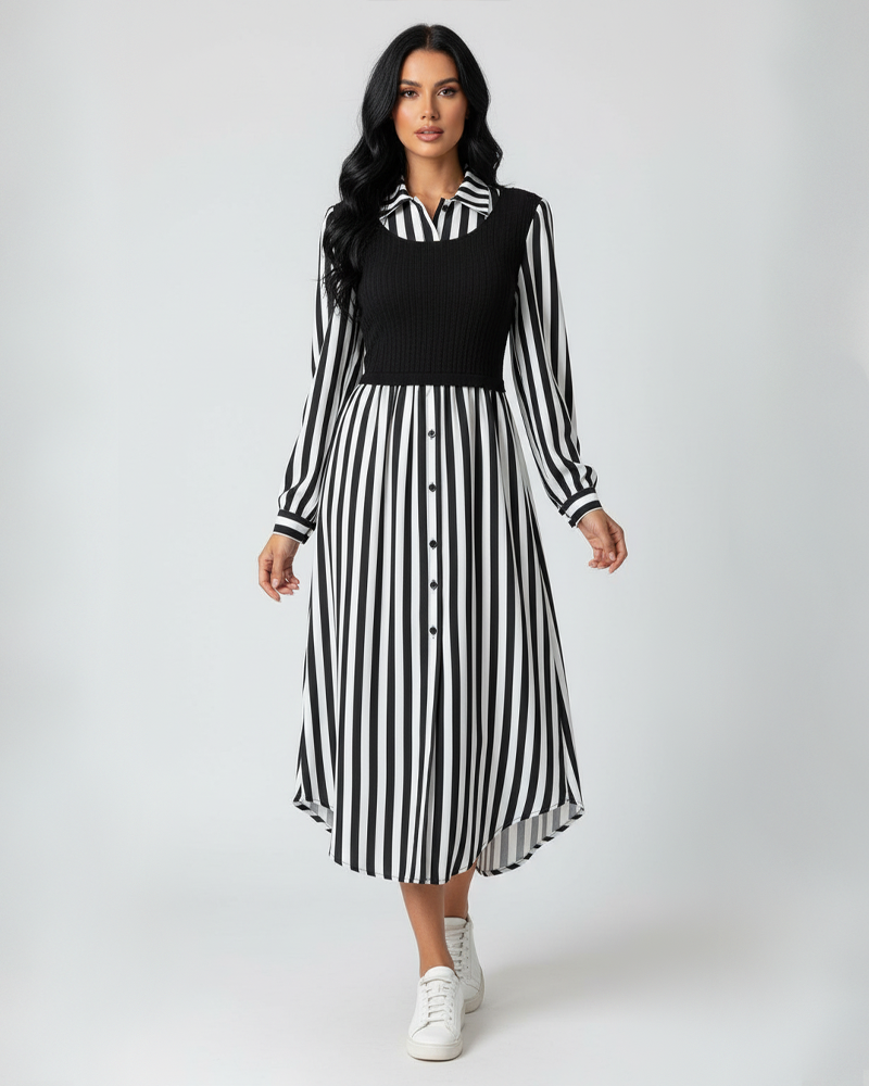 Women's Fitted Long Sleeve Striped Button Front Shirt Dress