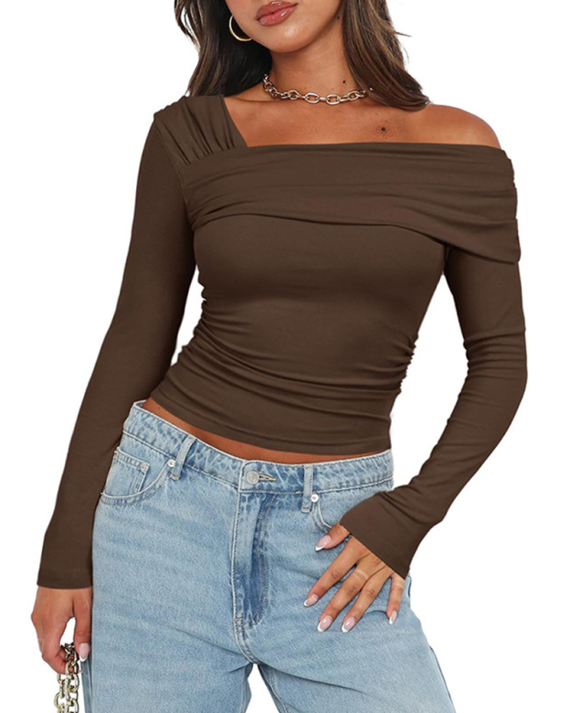 One-Shoulder Long-Sleeved Open-Back Gathered Top T-Shirt-Curvy-Faja