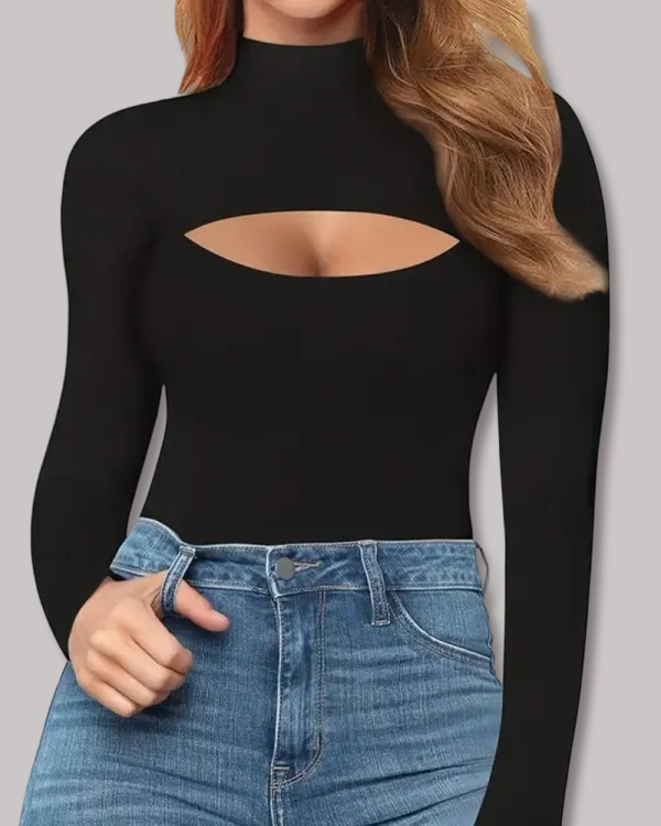 High-Neck Openwork Design Slim-Fitting Long-Sleeved Bodysuit