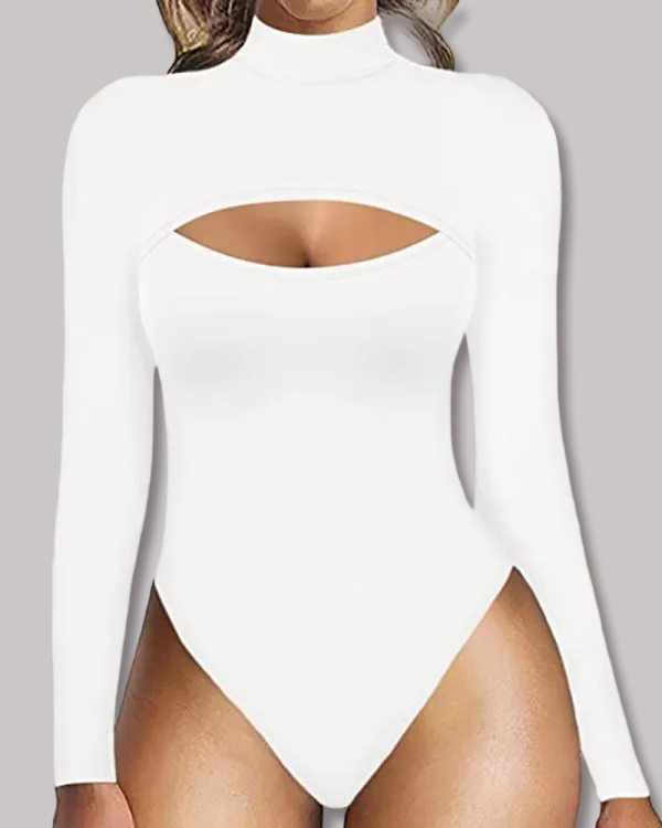 High-Neck Openwork Design Slim-Fitting Long-Sleeved Bodysuit-Curvy-Faja