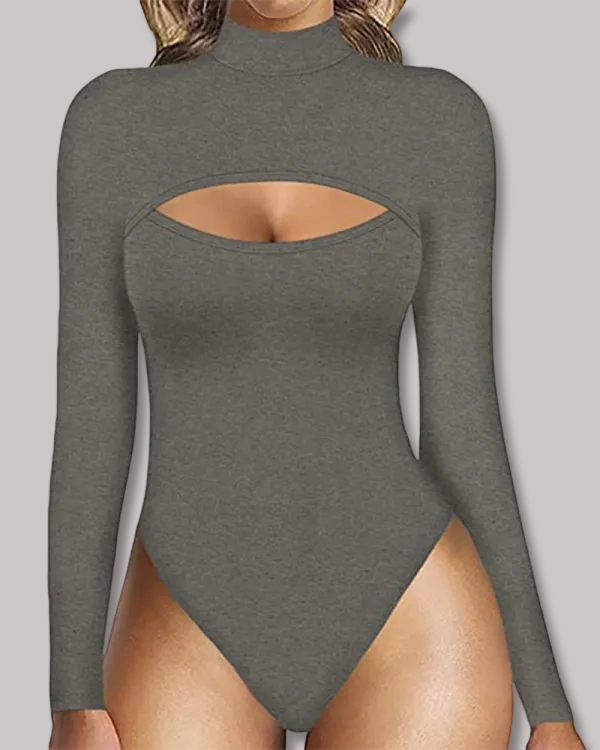 High-Neck Openwork Design Slim-Fitting Long-Sleeved Bodysuit