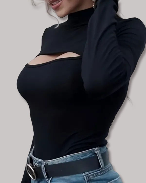 High-Neck Openwork Design Slim-Fitting Long-Sleeved Bodysuit-Curvy-Faja