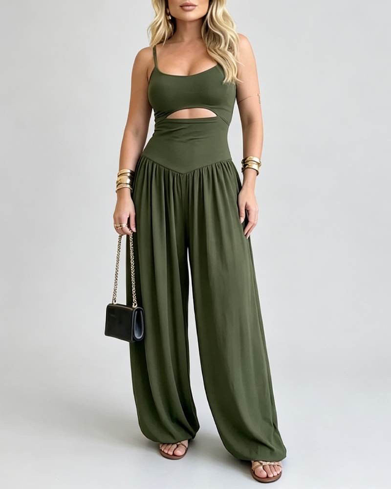 Waist Cutout Tie-Back Flowy Wide Leg Jumpsuit