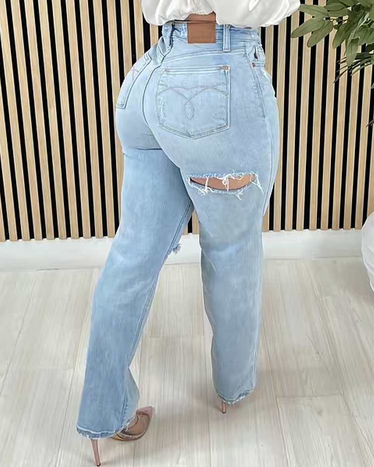 High Waisted Tummy Control Ripped Flared Jeans（Pre-Sale）
