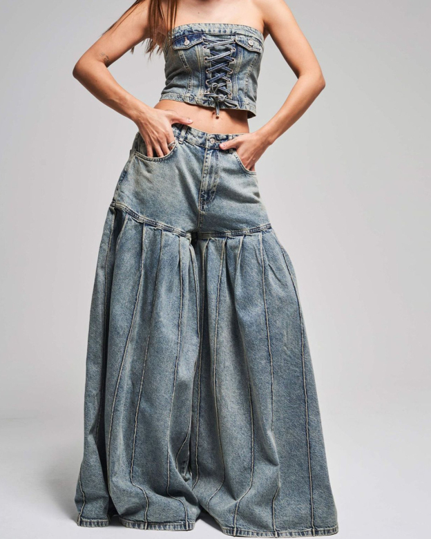 CURVY-FAJA Reloj de arena Denim Culottes and Vest Set
